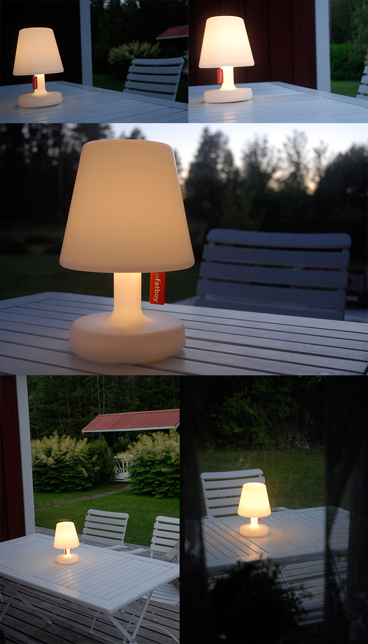 Uppladdningsbar bordslampa från Fatboy i trädgården